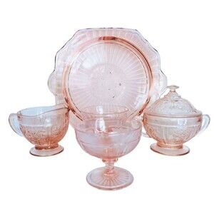 VTG 30s Pink Depression Glass Sharon Cabbage Rose Design & Berries 6 Piece Set